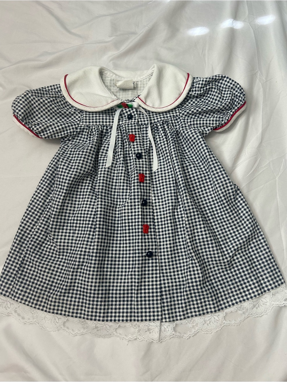 Vintage Rare Too 4T Girls Dress Black & White Gingham Tulip  Buttons  90s Lace